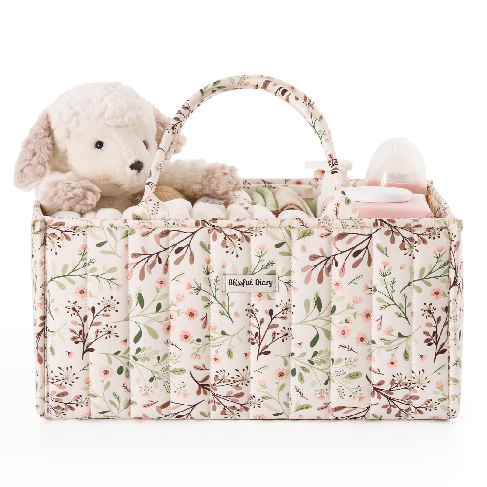 Blissful Diary floral diaper caddy organizer, side view, showcases roomy diaper and wipe storage.