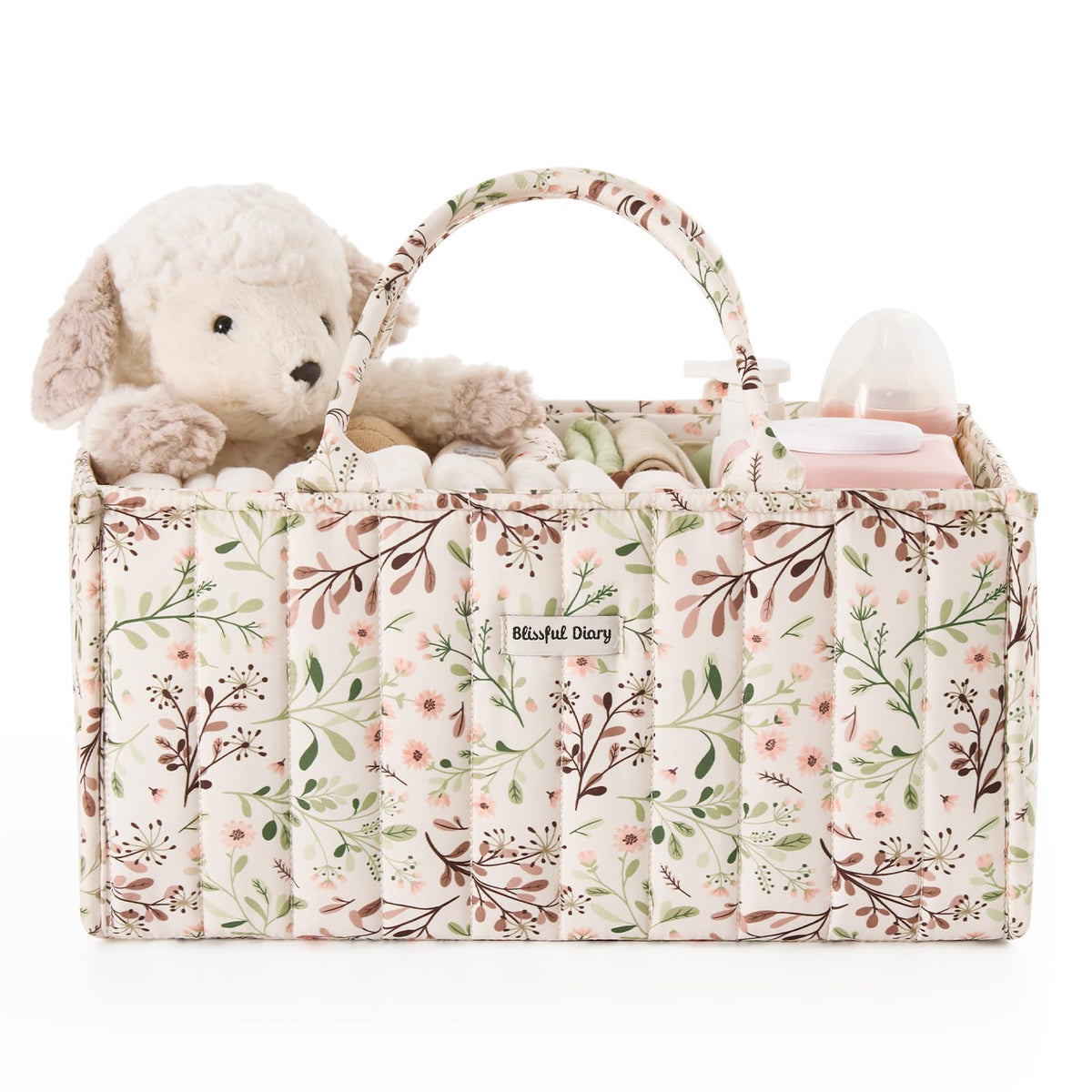 Blissful Diary floral diaper caddy organizer, side view, showcases roomy diaper and wipe storage.