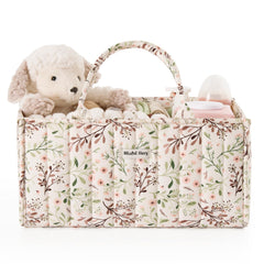 Blissful Diary floral diaper caddy organizer, side view, showcases roomy diaper and wipe storage.