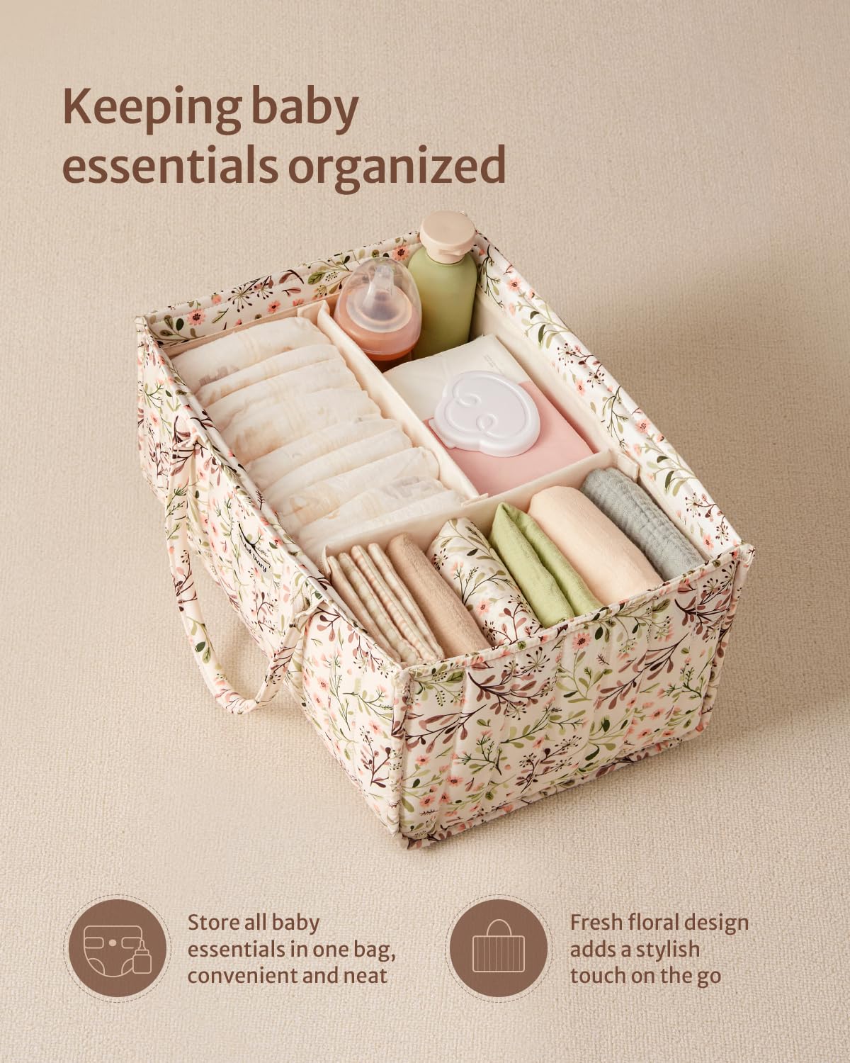 Blissful Diary floral diaper caddy organizer, top view, easy-access changing essentials at a glance.