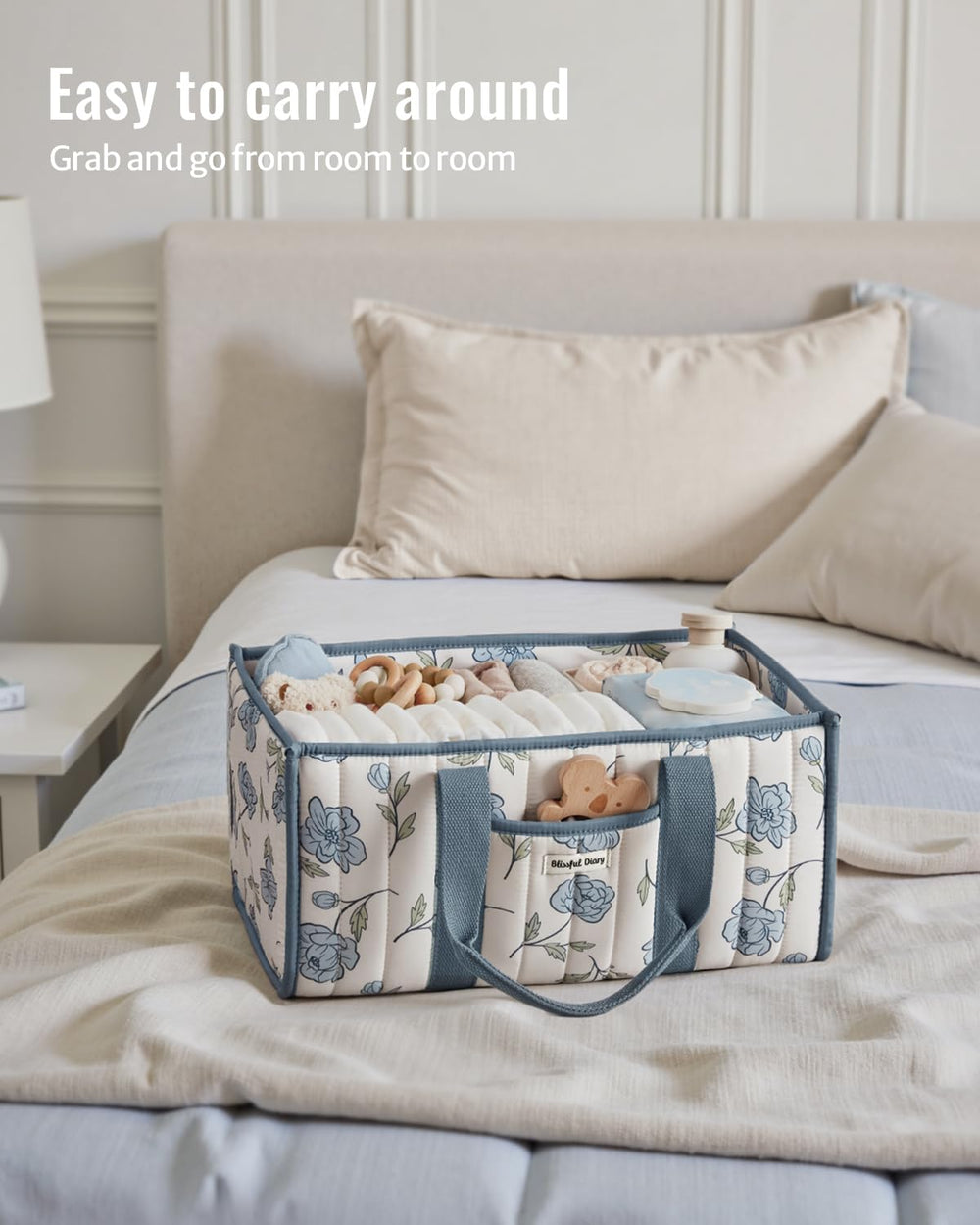 Blissful Diary Floral Diaper Caddy outer pocket for quick pacifier access.