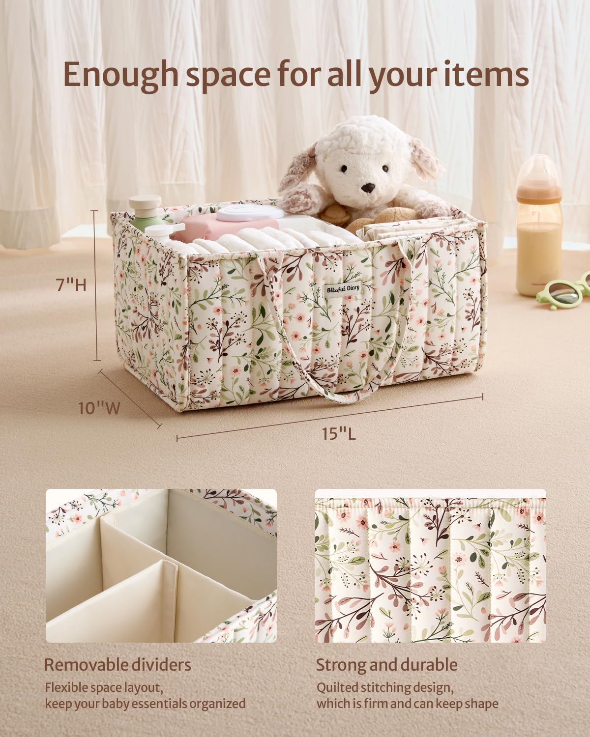 Blissful Diary floral diaper caddy organizer, removable dividers closeup, customizable compartments for baby gear.