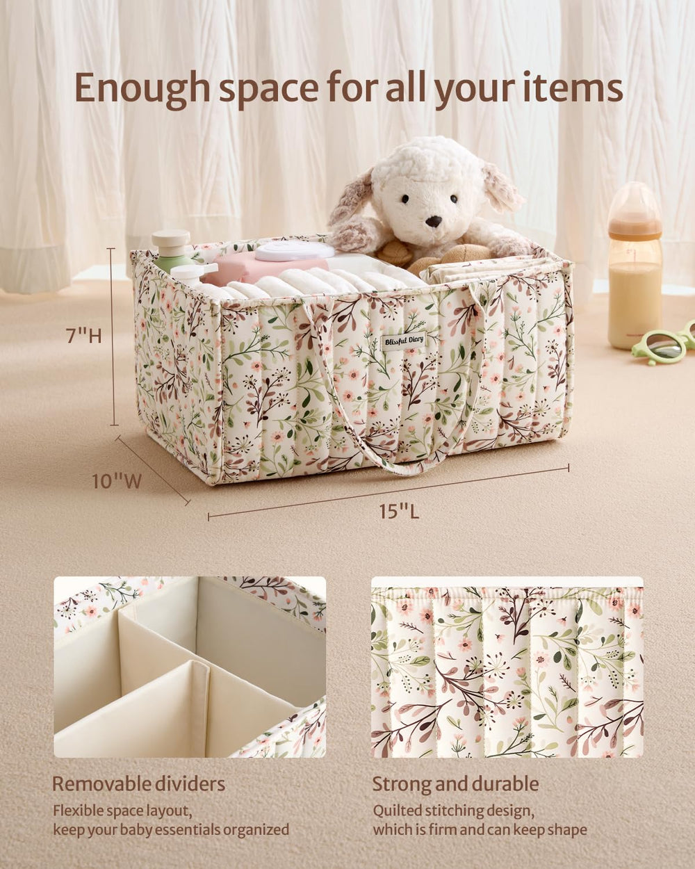 Blissful Diary floral diaper caddy organizer, removable dividers closeup, customizable compartments for baby gear.