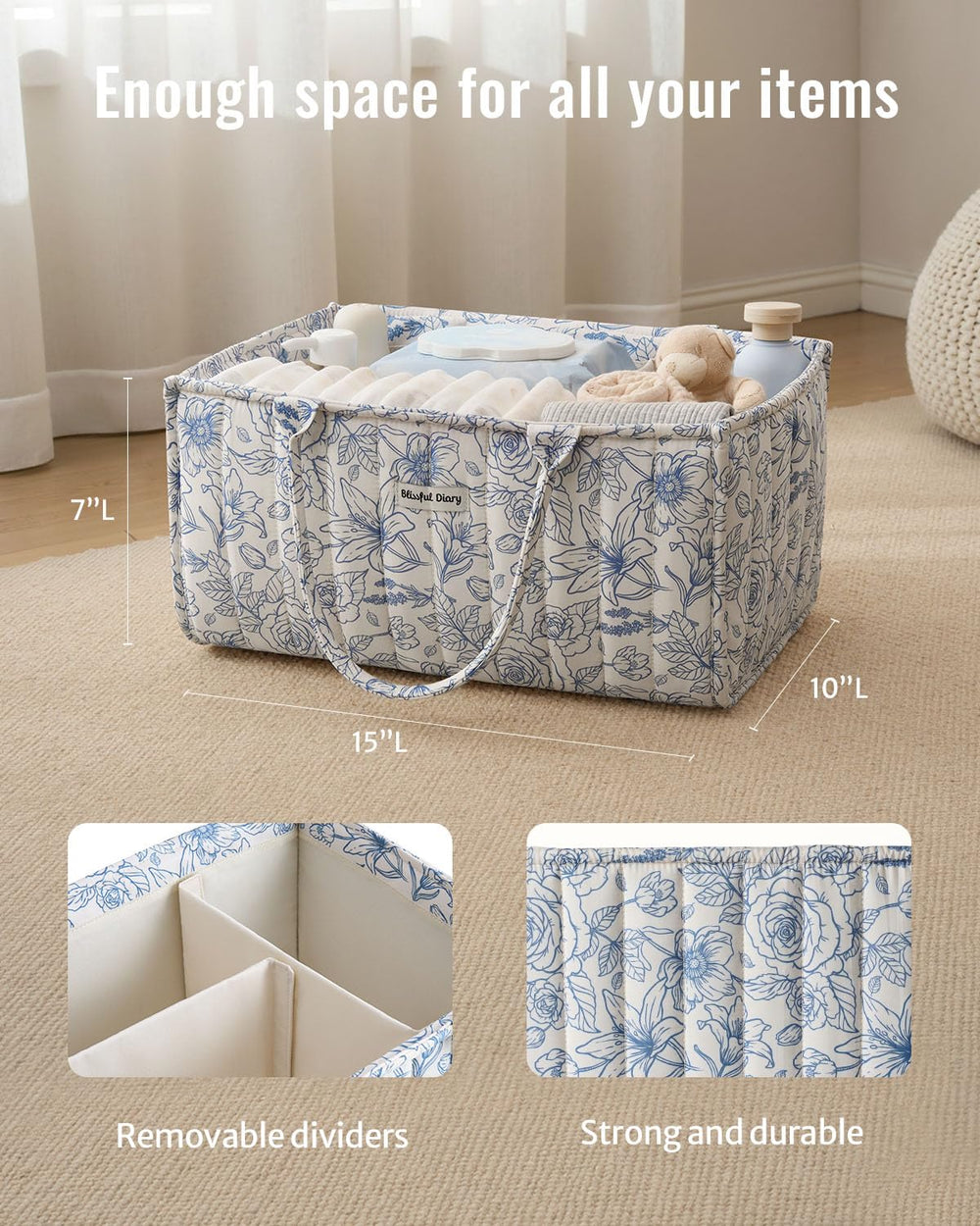 Blissful Diary floral diaper caddy removable dividers customize layout and keep supplies sorted.