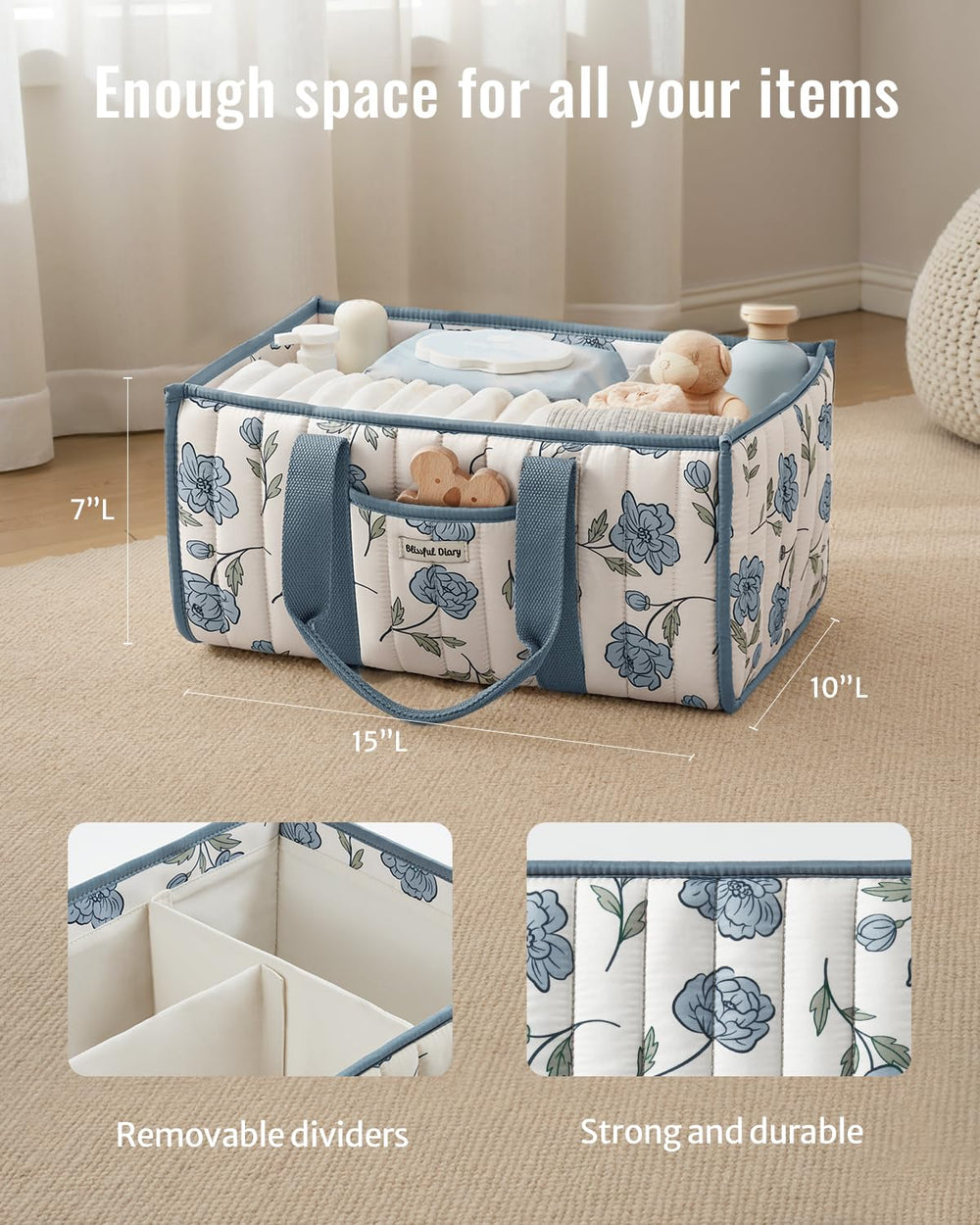 Blissful Diary Floral Diaper Caddy removable dividers for flexible storage layouts.