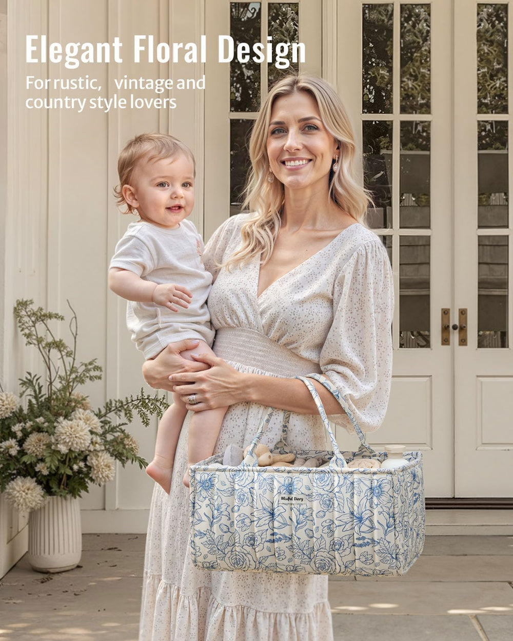 Blissful Diary blue floral caddy shows stylish details for a chic nursery.