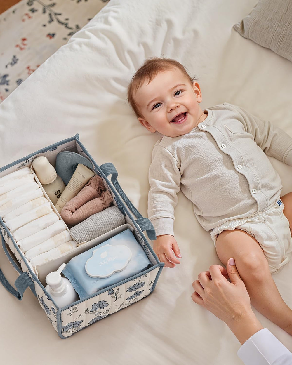 Blissful Diary Floral Diaper Caddy travel-use design for portable baby essentials.