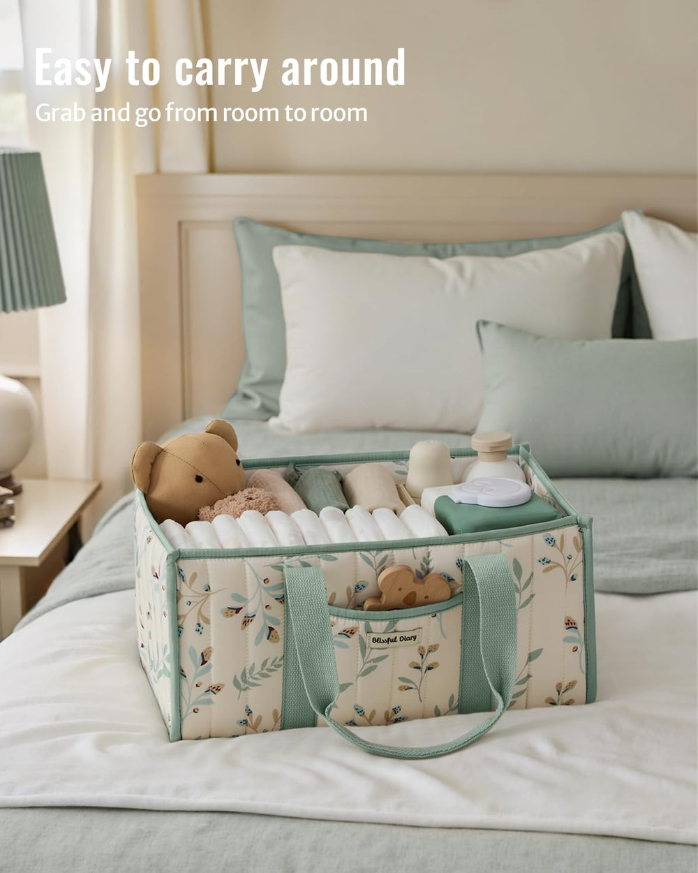 Blissful Diary Leaf Diaper Caddy Nursery Carry-Handle enables easy transport to living room or car.