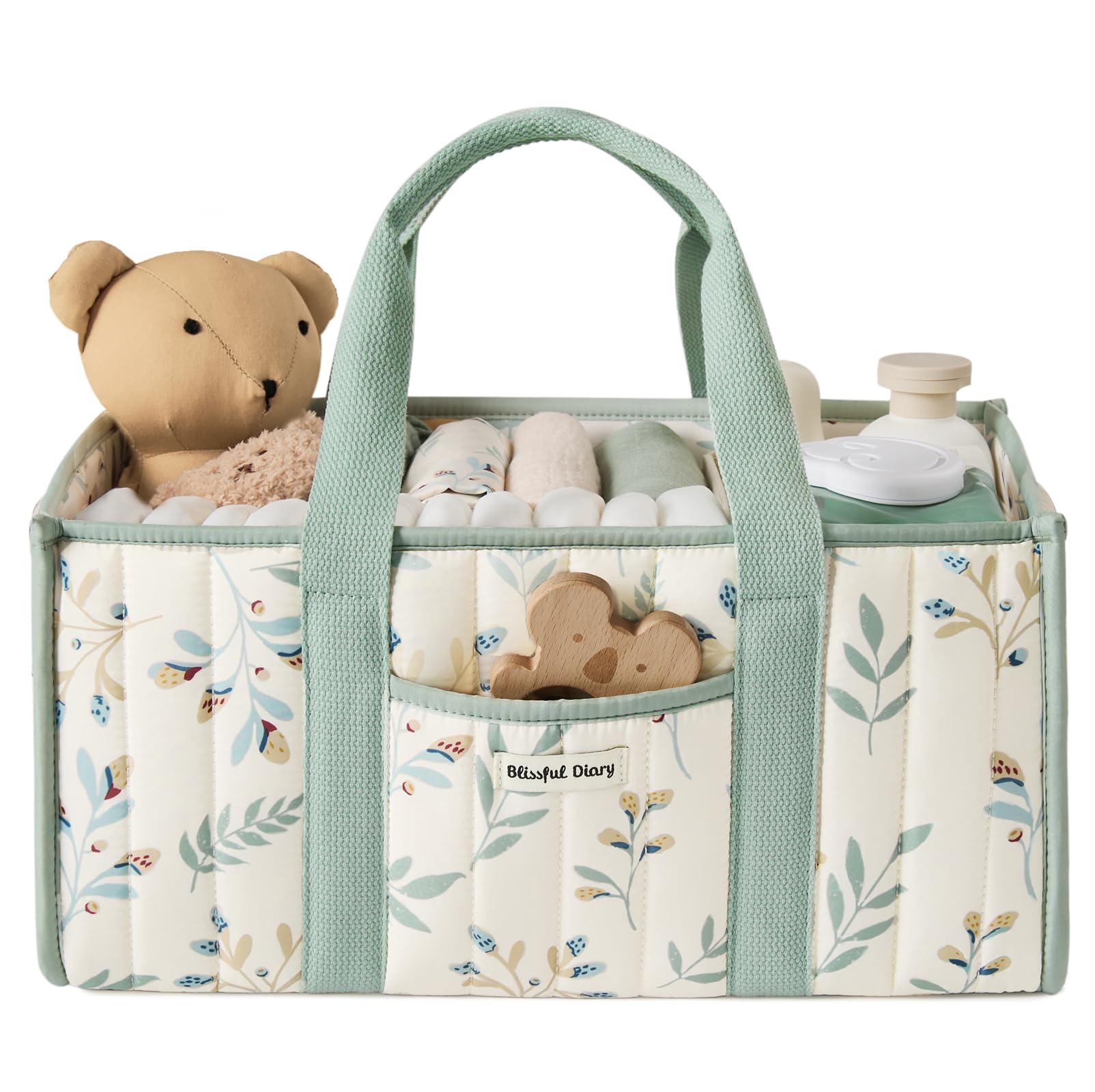 Blissful Diary Leaf Diaper Caddy Organizer keeps diapers and wipes neatly accessible for quick changes.