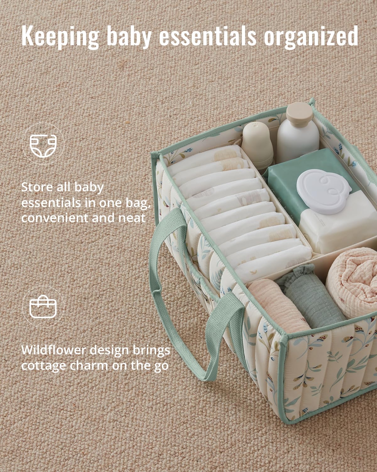 Blissful Diary Leaf Diaper Caddy Quilted Detail highlights soft texture and premium nursery styling.