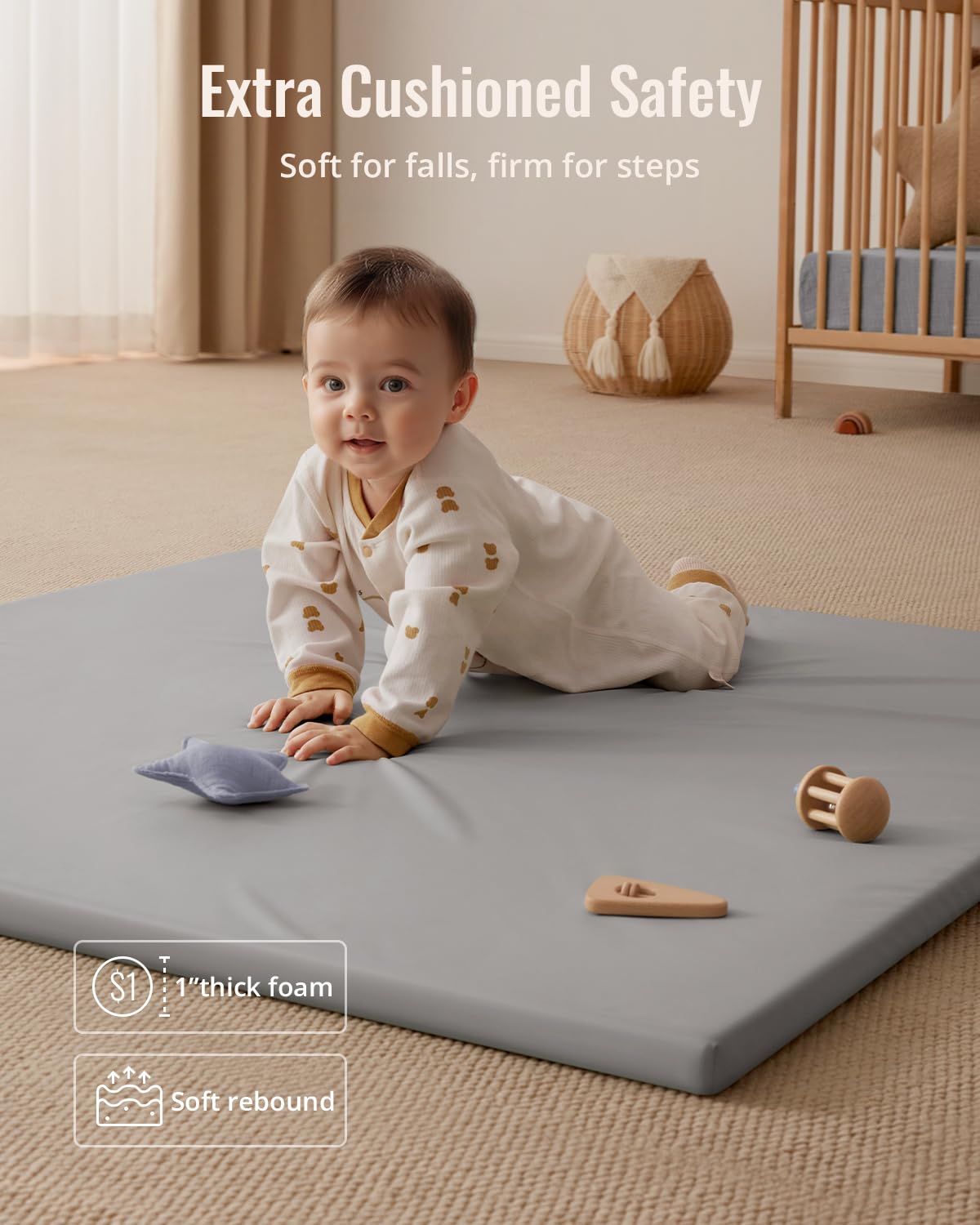 Blissful Diary light gray play mat decor-fit image shows stylish, modern nursery-ready surface.
