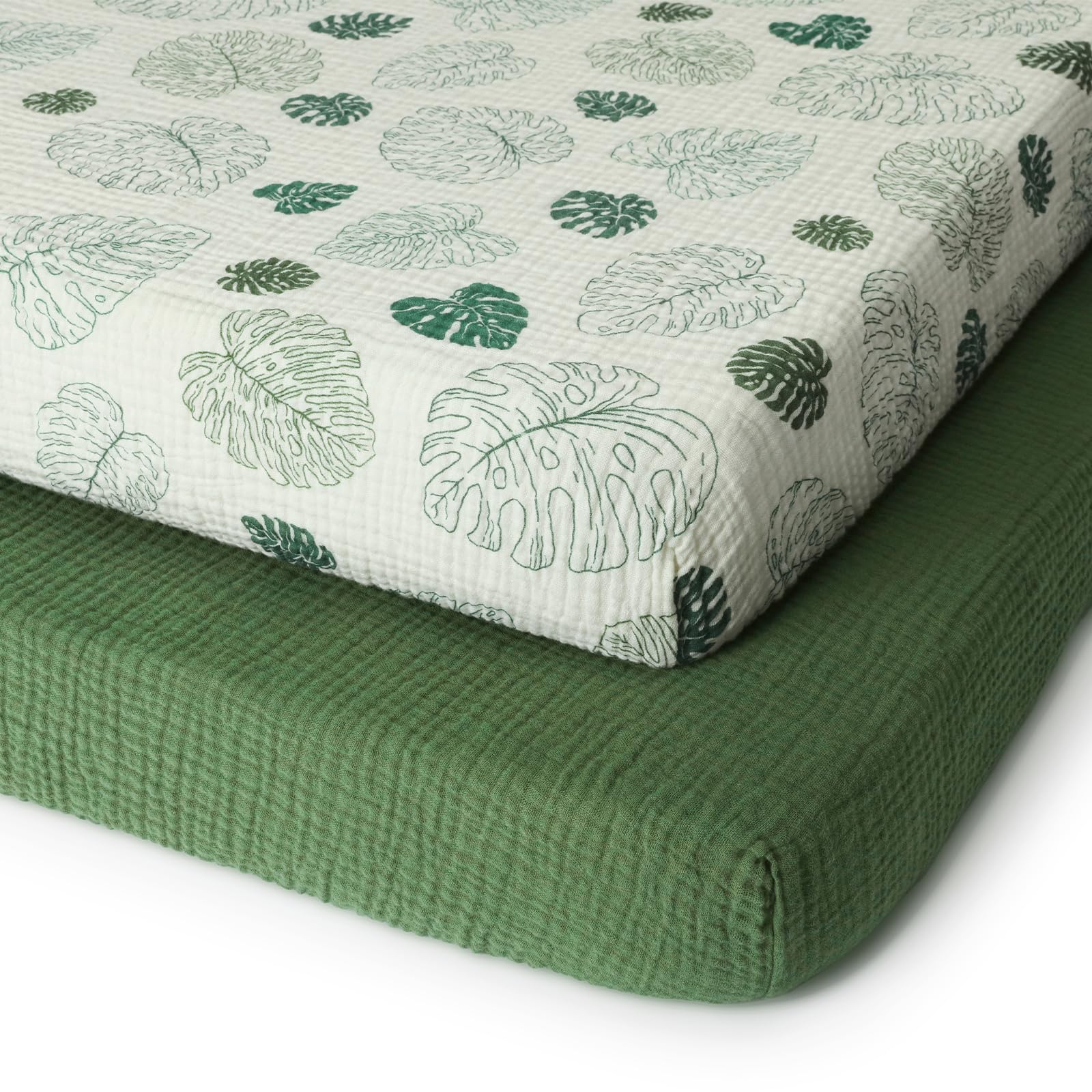 Blissful Diary monstera dark green mini crib sheet bold pattern with soft muslin for cozy sleep