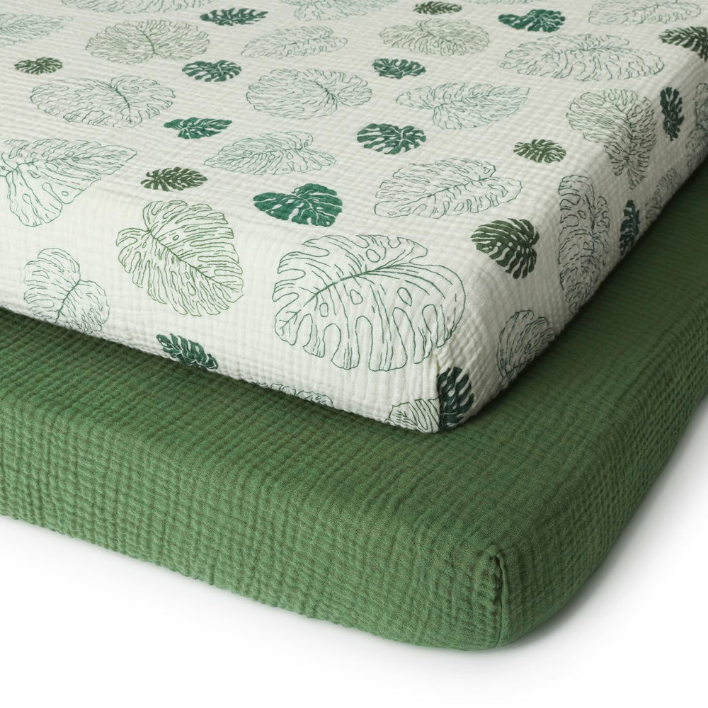 Blissful Diary monstera dark green mini crib sheet bold pattern with soft muslin for cozy sleep