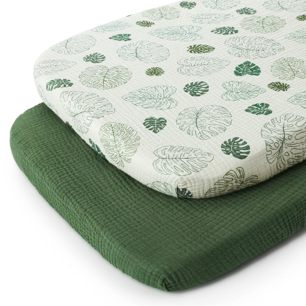 Blissful Diary monstera pattern bassinet sheet offers breathable comfort for newborn naps.