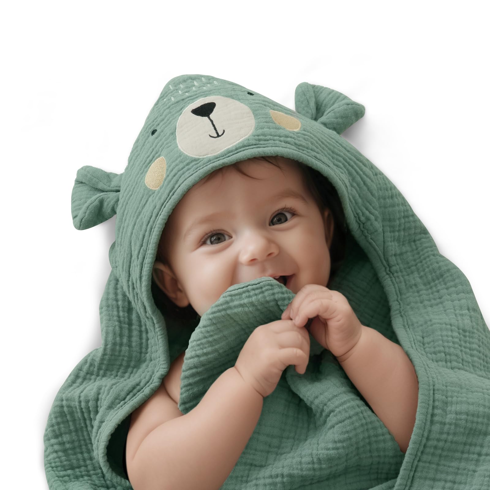 Blissful Diary muslin baby hooded towel with bear hood on a cozy newborn