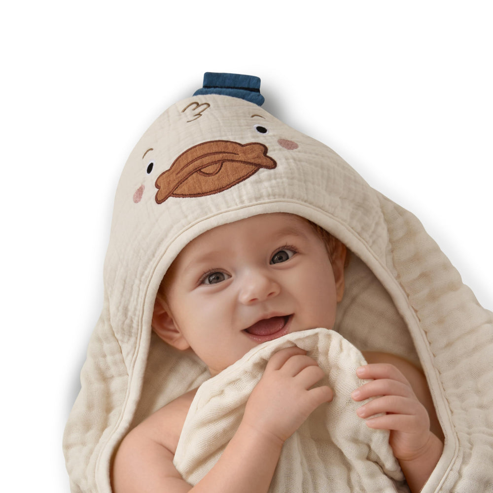 Blissful Diary hooded towel front view showing plush muslin warmth for bath time