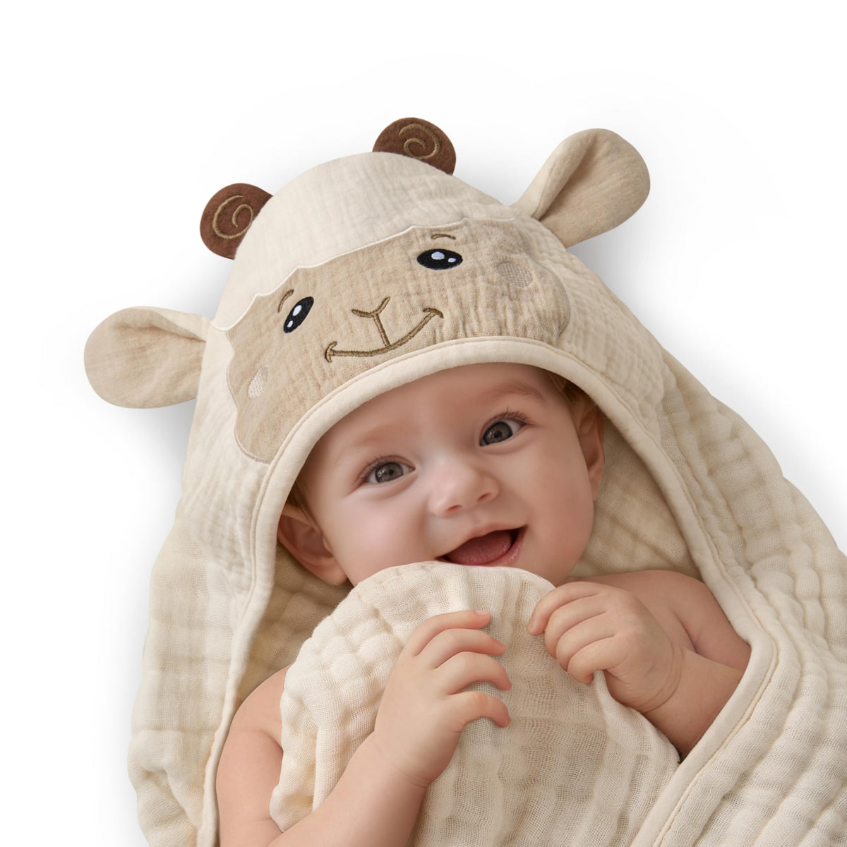 Blissful Diary hooded towel with lamb hood design offers cozy bath warmth.