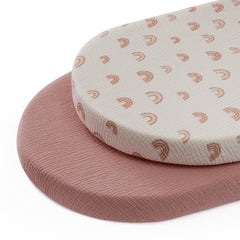 Blissful Diary muslin bassinet sheet in dusty pink shows breathable, baby-friendly comfort.
