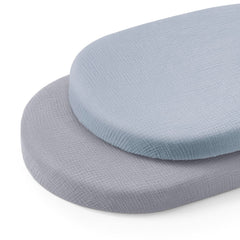 Blissful Diary muslin bassinet sheets in light blue provide breathable, gentle baby sleep.