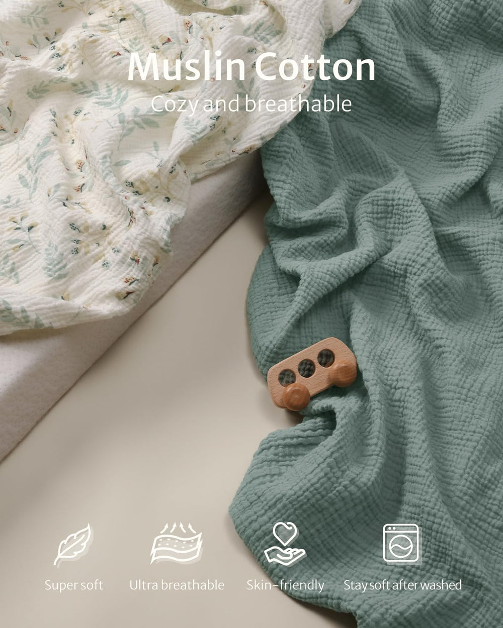 Blissful Diary muslin changing pad cover leaf print closeup; breathable cotton for baby's comfort.