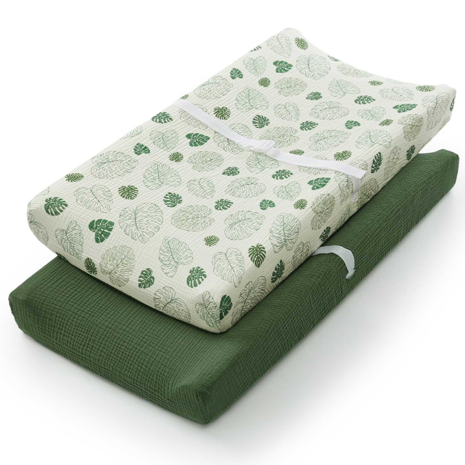 Blissful Diary changing pad cover Monstera Leaves close-up for stylish nursery and easy outfit coordination.