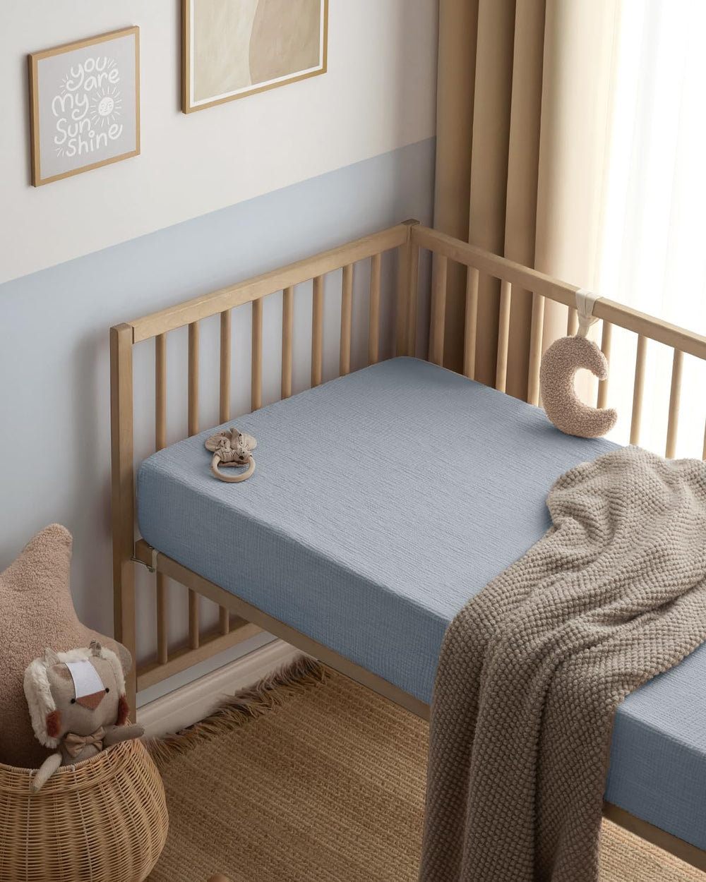 Blissful Diary muslin crib sheet boho neutral nursery style in soft tones