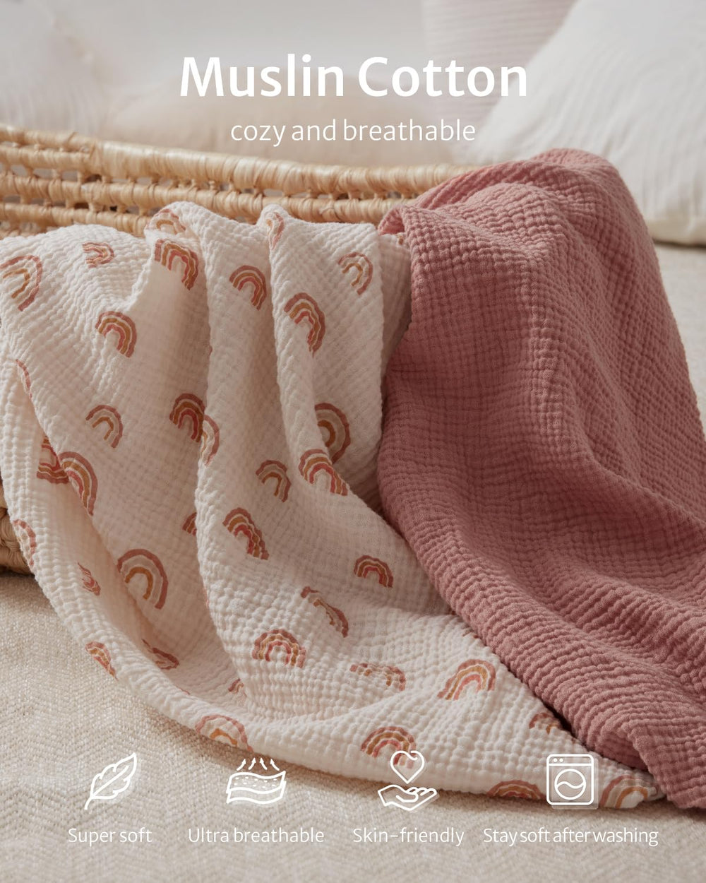 Blissful Diary muslin crib sheet rainbow pattern adds cheerful style for nursery décor.