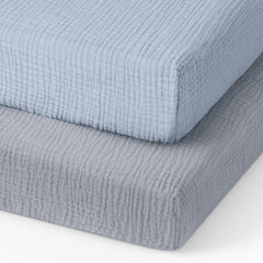 Blissful Diary muslin mini crib sheet in light blue closeup shows breathable, skin-friendly cotton