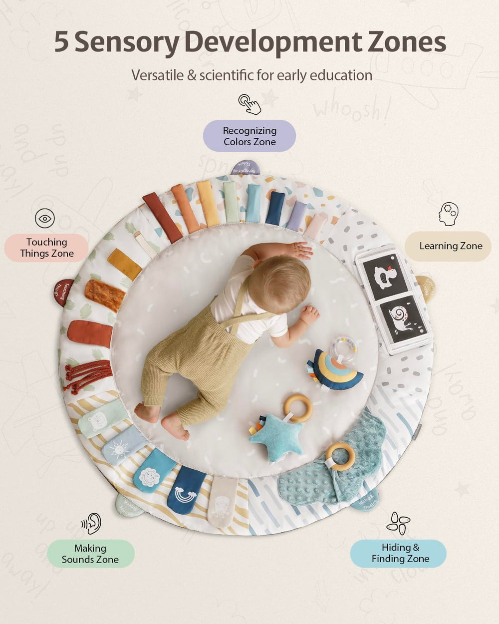 Blissful Diary Play Gym high-contrast ball fosters visual tracking and tactile stimulation.
