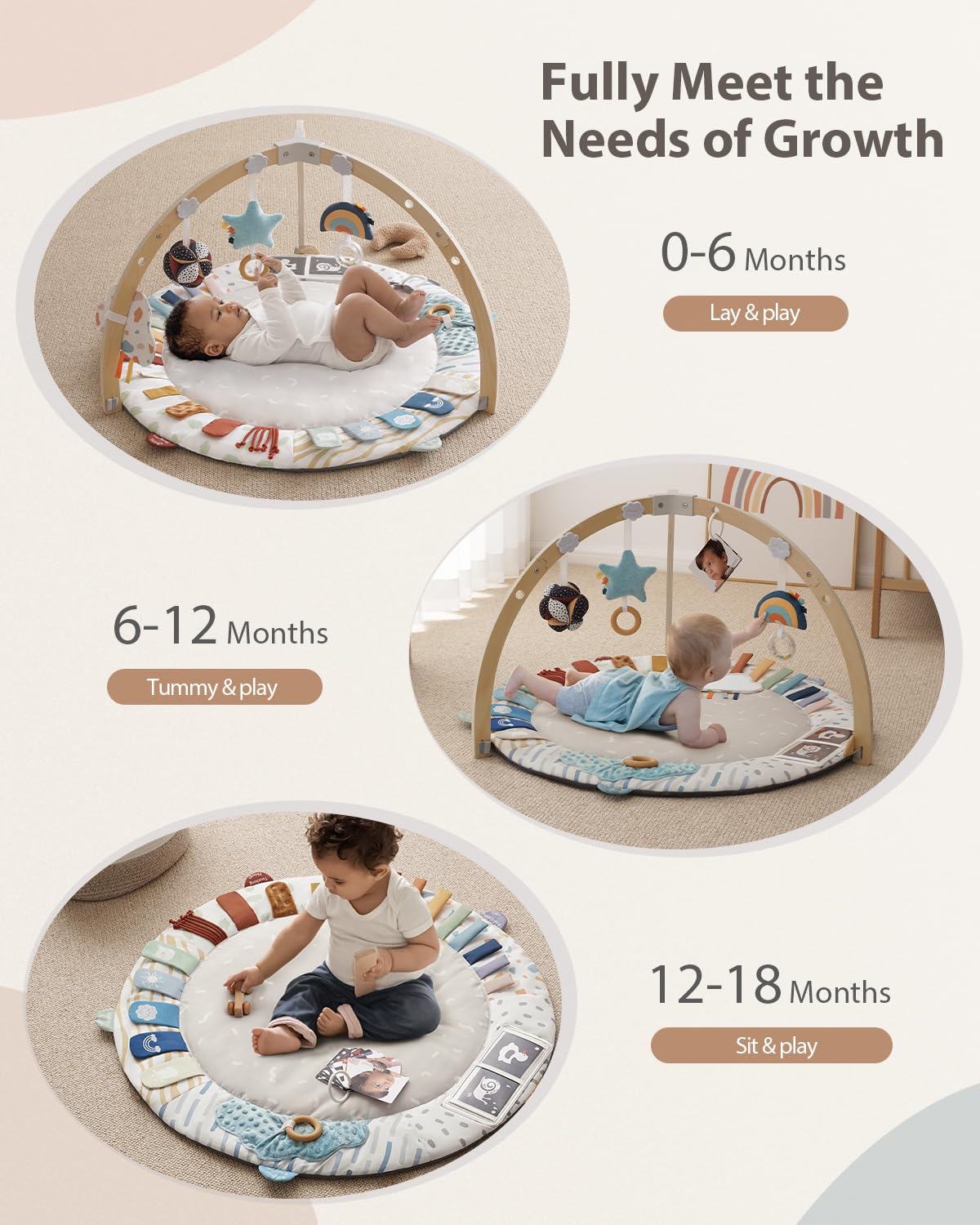 Blissful Diary Play Gym rainbow rattle adds auditory novelty for sensory exploration.