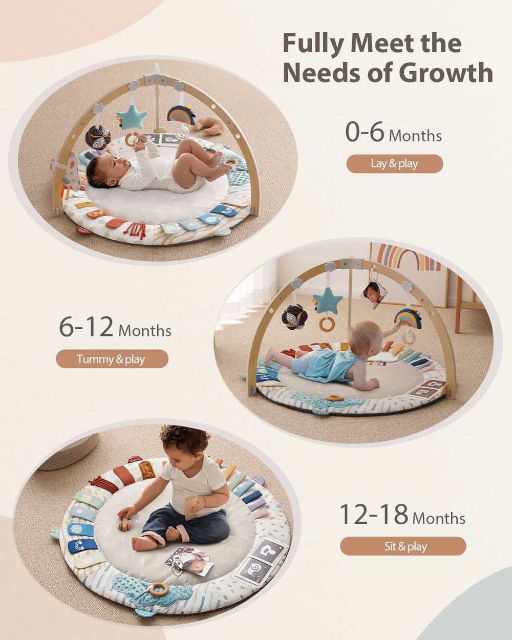 Blissful Diary Play Gym rainbow rattle adds auditory novelty for sensory exploration.