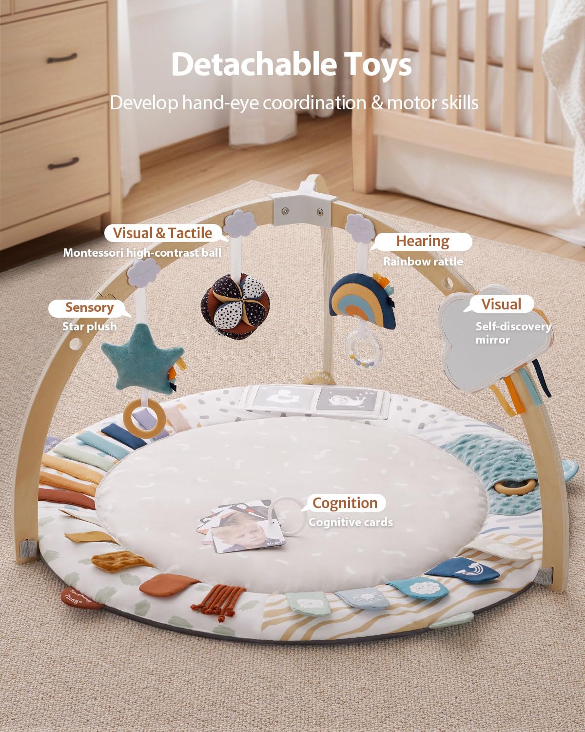 Blissful Diary Play Gym self-discovery mirror encourages self-awareness during tummy time.