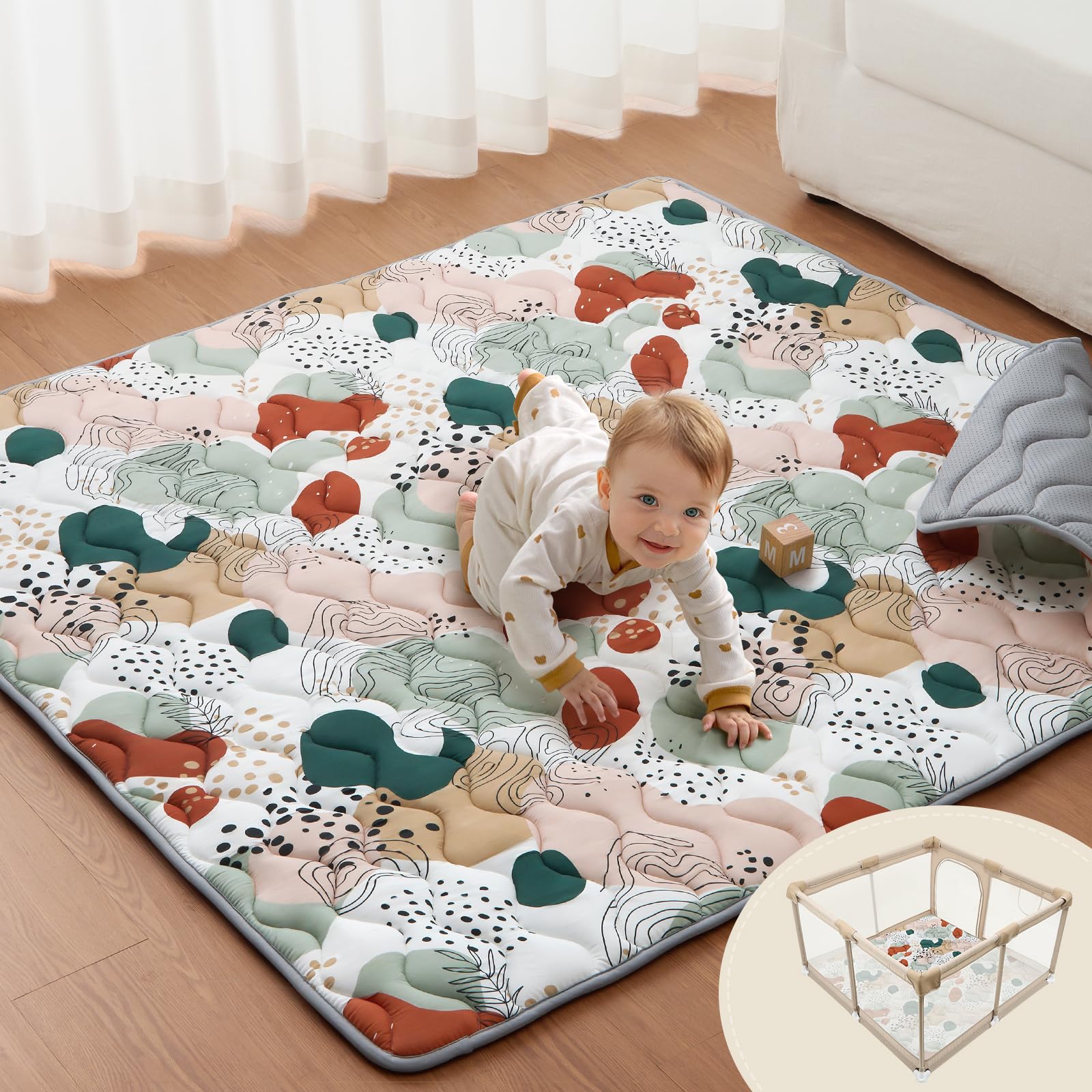 Blissful Diary playmat 59x59 closeup shows extra cushioning for safe baby play.