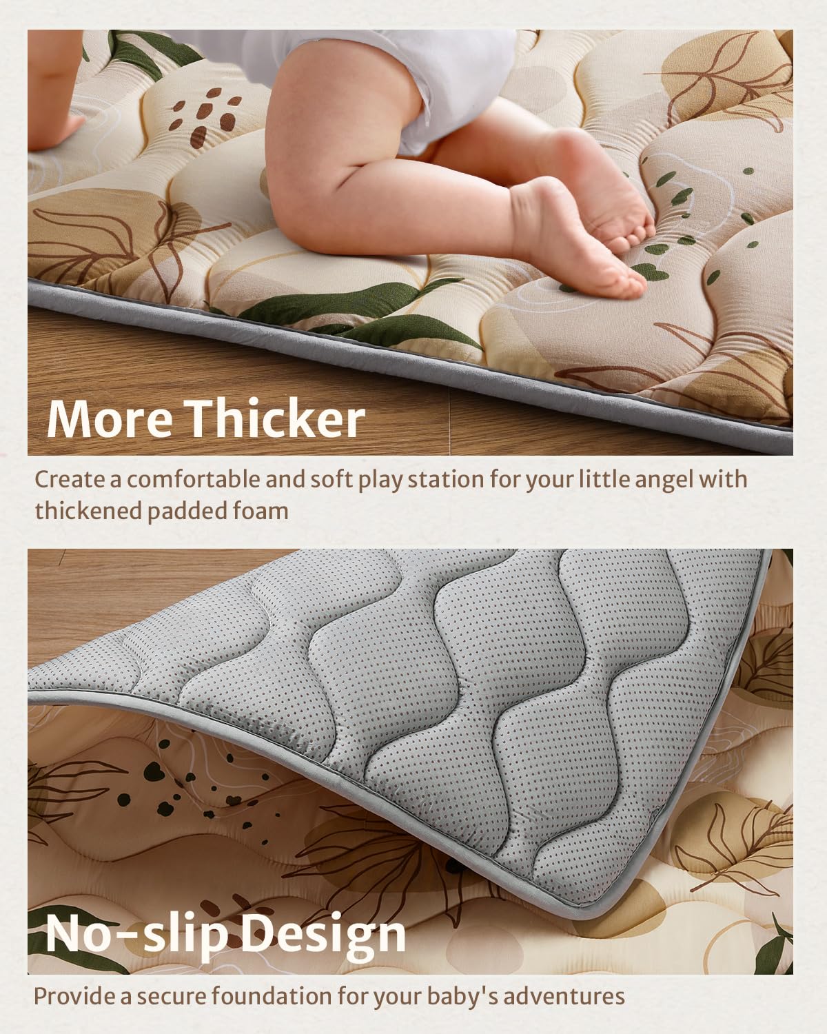 Blissful Diary play mat features earthy tropical leaves to create calm play spaces