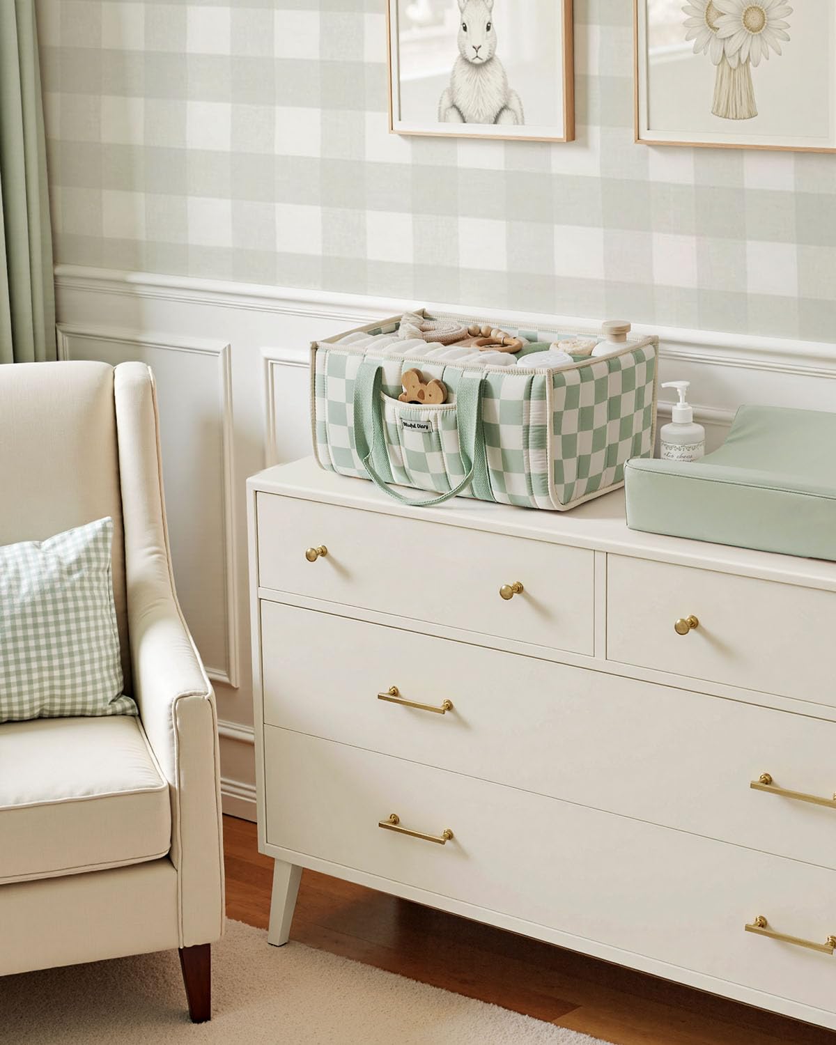 Blissful Diary sage-green checkered design adds modern charm to nursery décor while staying gender-neutral.