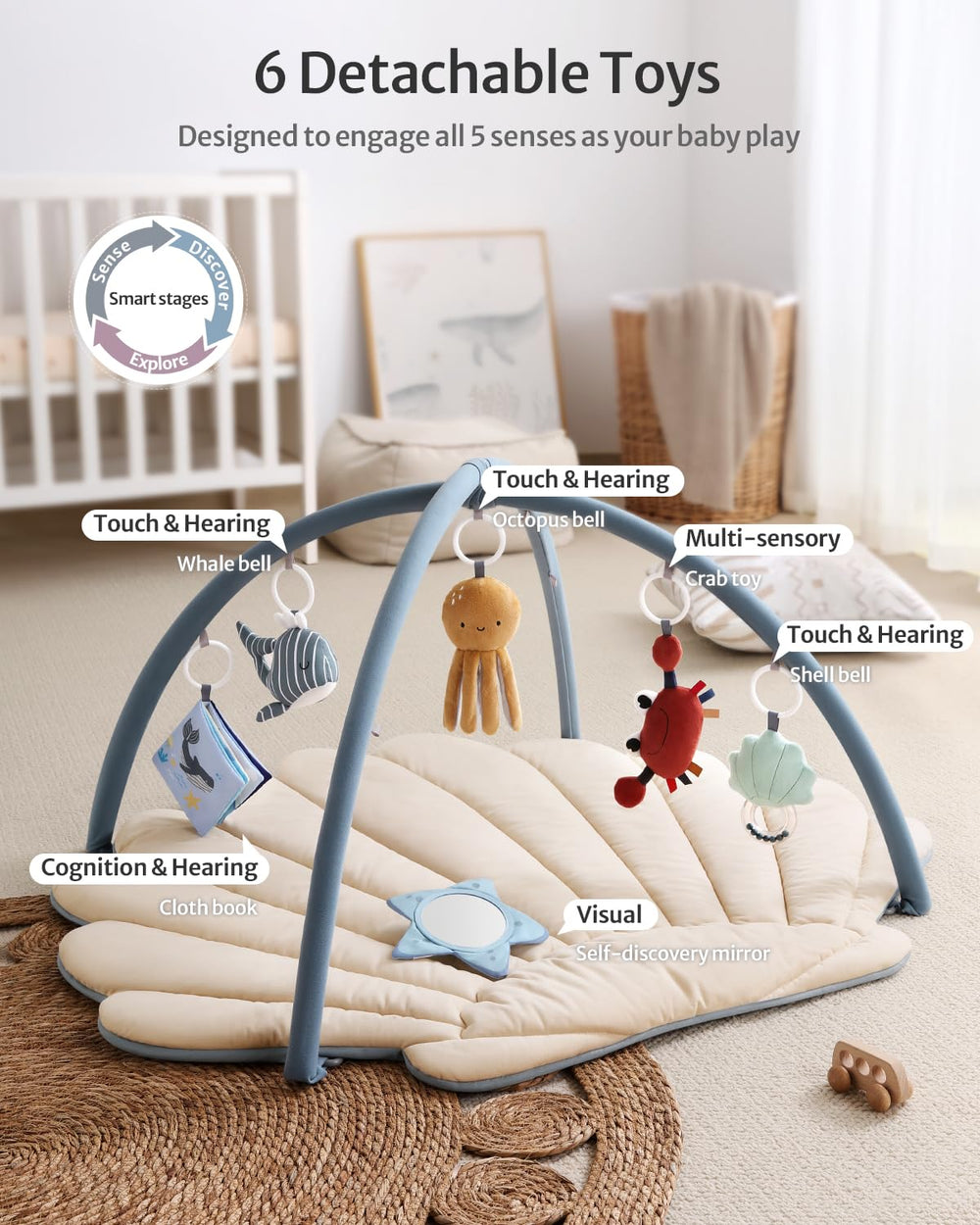 Blissful Diary Shell Play Gym arches with detachable toys for flexible setup
