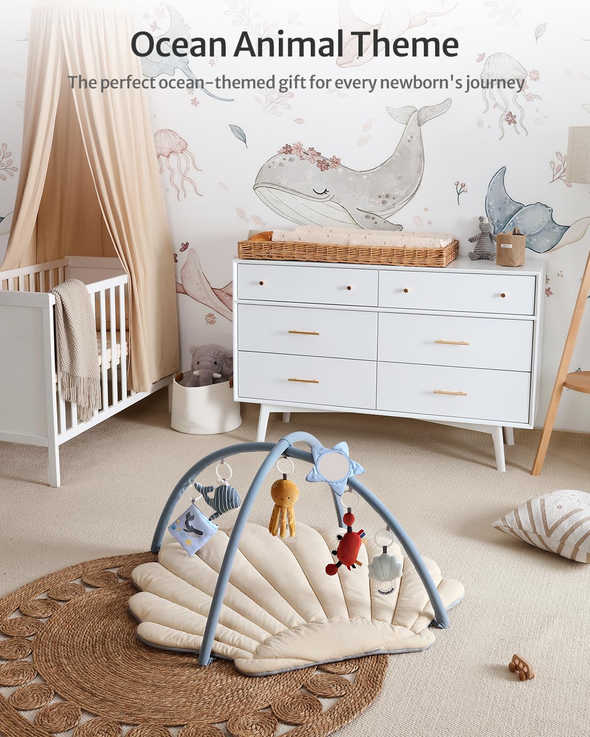 Blissful Diary Shell Play Gym includes six ocean-themed toys for sensor development