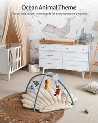 Blissful Diary Shell Play Gym includes six ocean-themed toys for sensor development