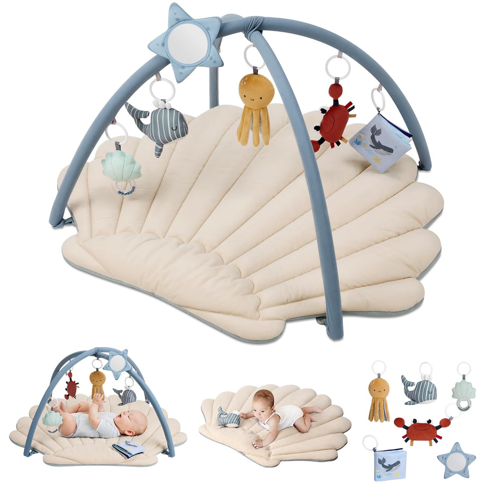 Blissful Diary Shell Play Gym with soft velvet surface for cozy tummy time and sensory play