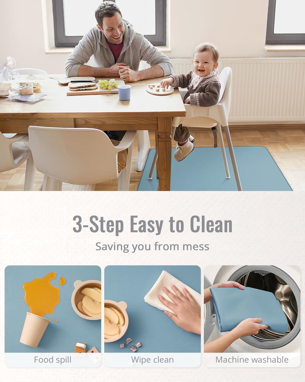 Blissful Diary Splat Mat Easy Cleaning for quick wipe-down and machine wash.