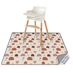 Blissful Diary splat mat under high chair catching spills and protecting floors.
