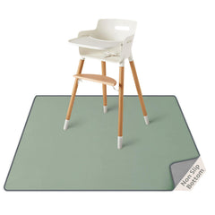 Blissful Diary Splat Mat under high chair catches spills for easier cleanup.
