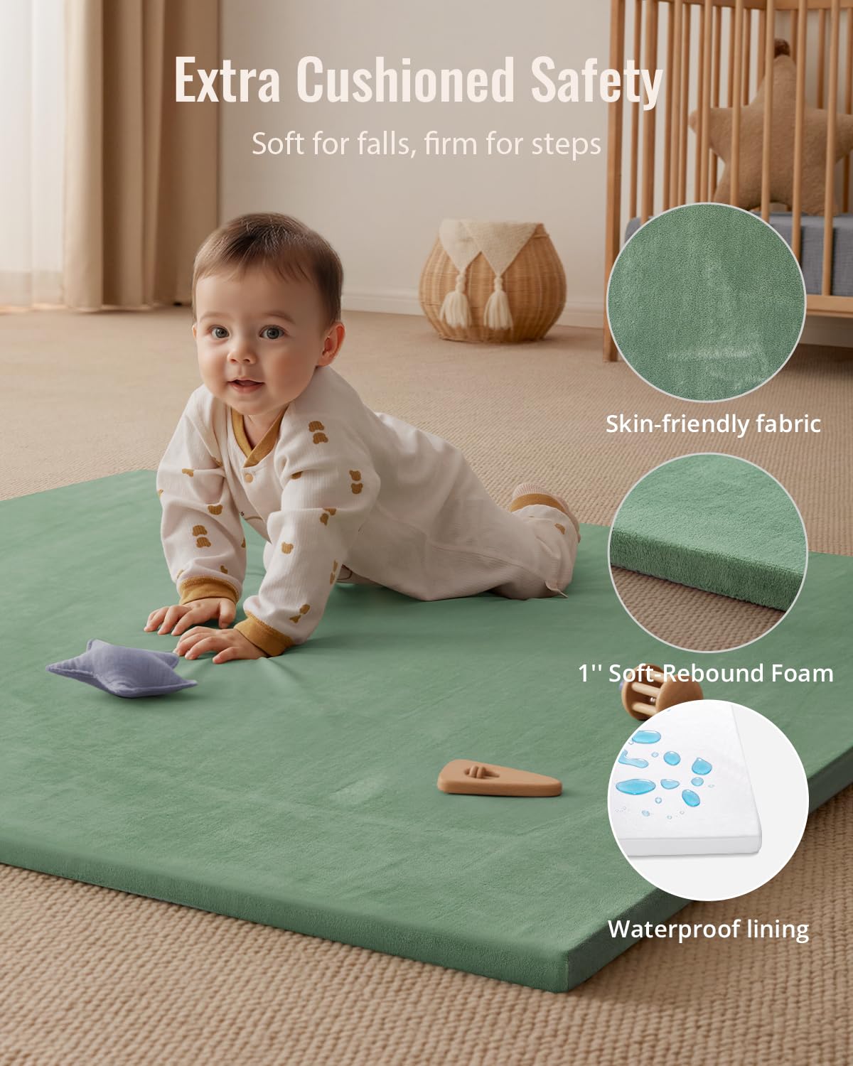Blissful Diary sage green mat fits standard 50x50 playpens for defined play space.