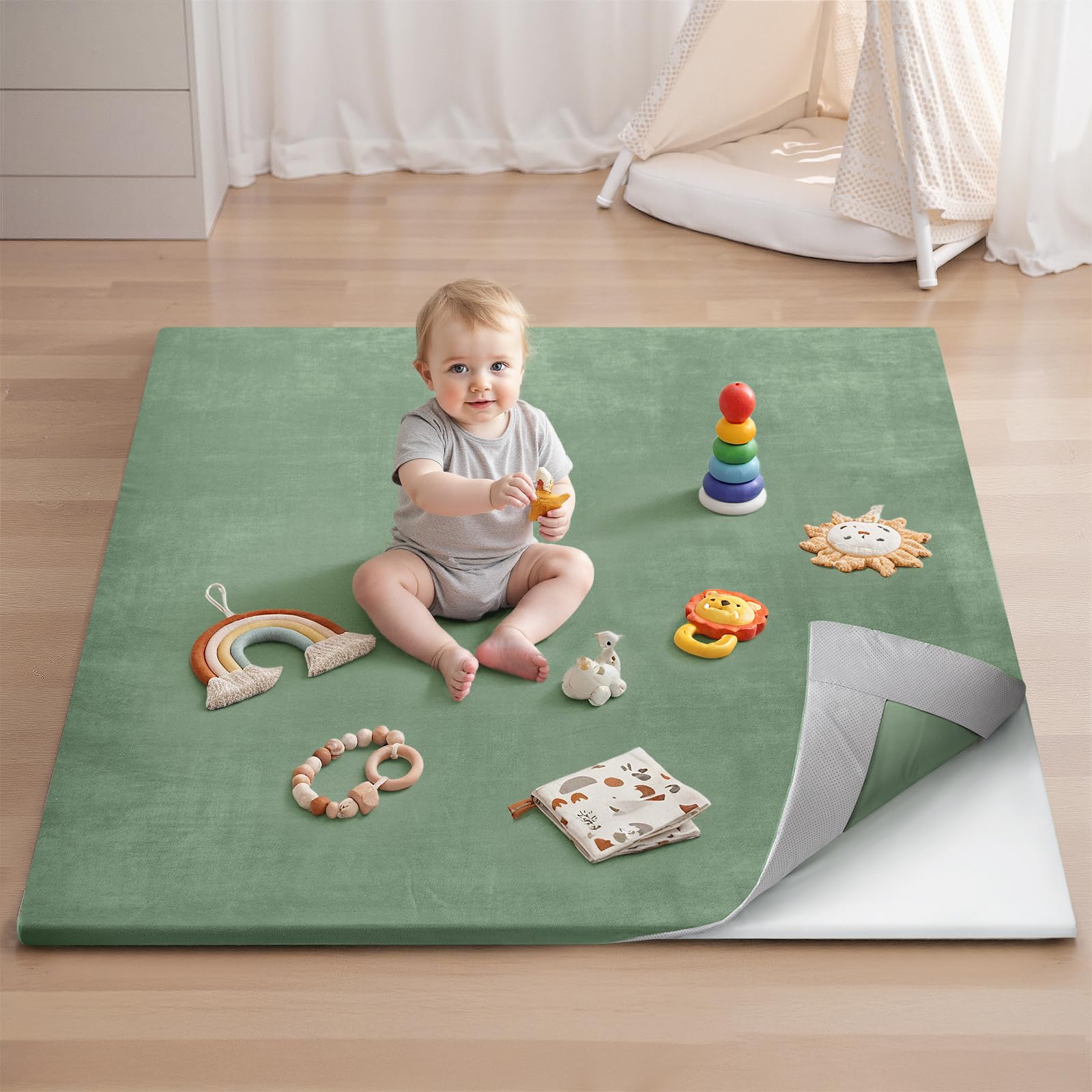 Blissful Diary ultra-soft play mat on the floor provides a cushioned surface for safe crawling.