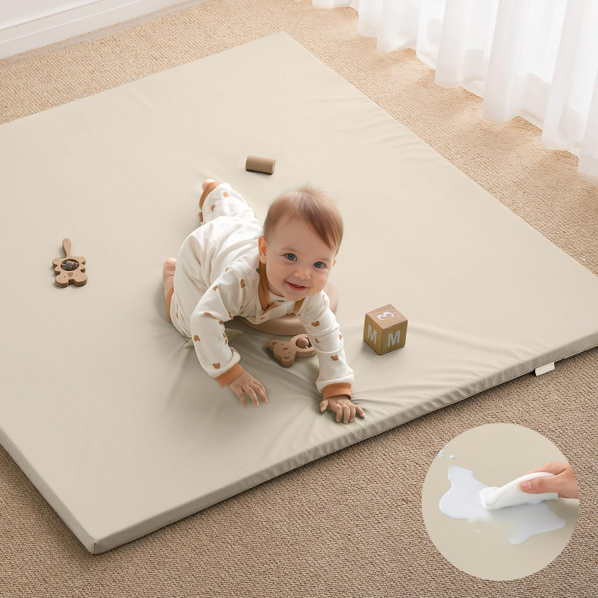 Blissful Diary vegan leather baby play mat beige provides a safe floor play space.