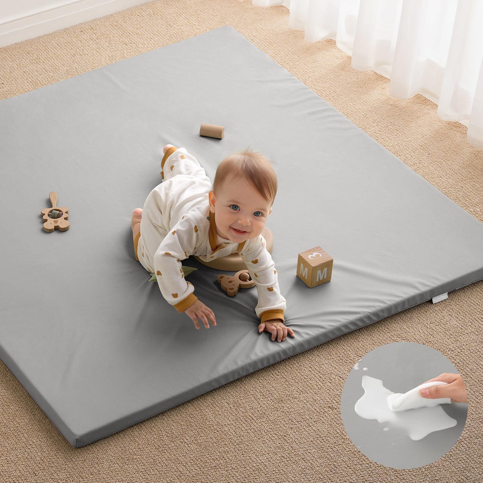 Blissful Diary vegan leather baby play mat front view shows safe, cushioned space for playtime.