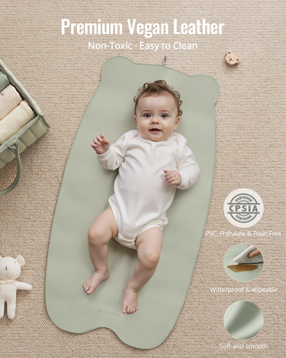 Blissful Diary changing pad unfolded showing full 30x16 surface for comfort