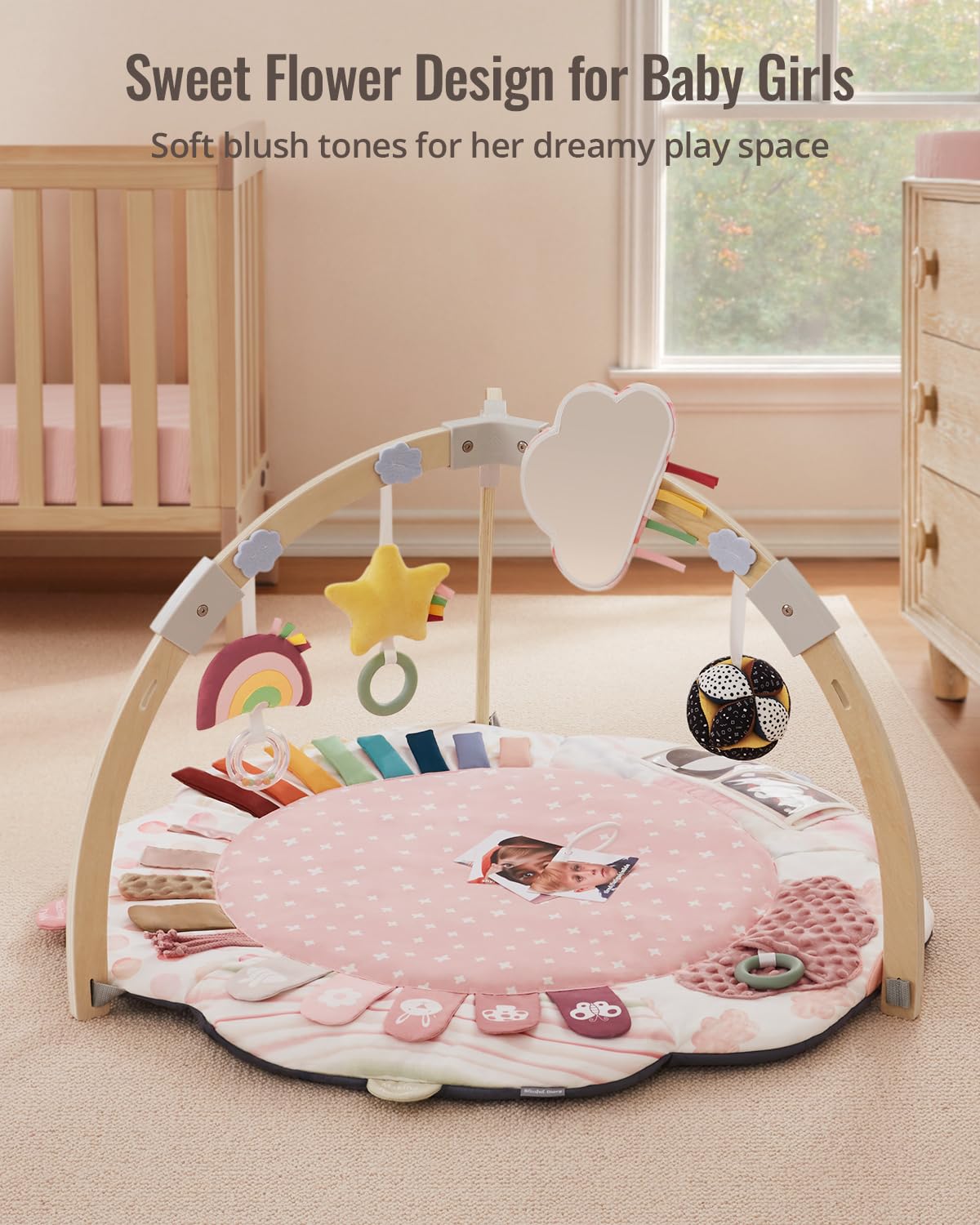 Blissful Diary wooden tummy time mat showing soft fabric texture for comfort.