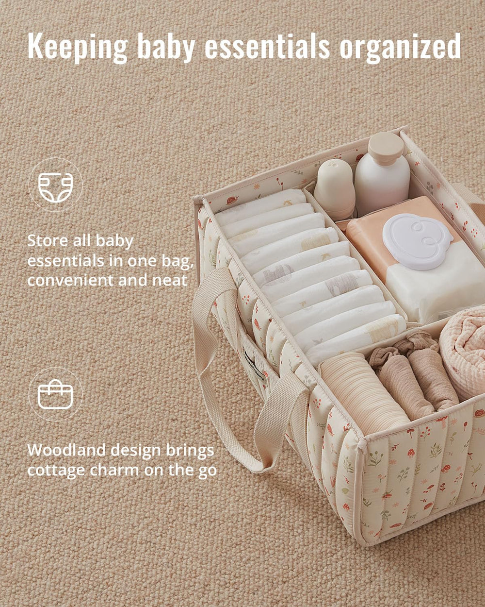 Blissful Diary Woodland Diaper Caddy compartments showing customizable storage