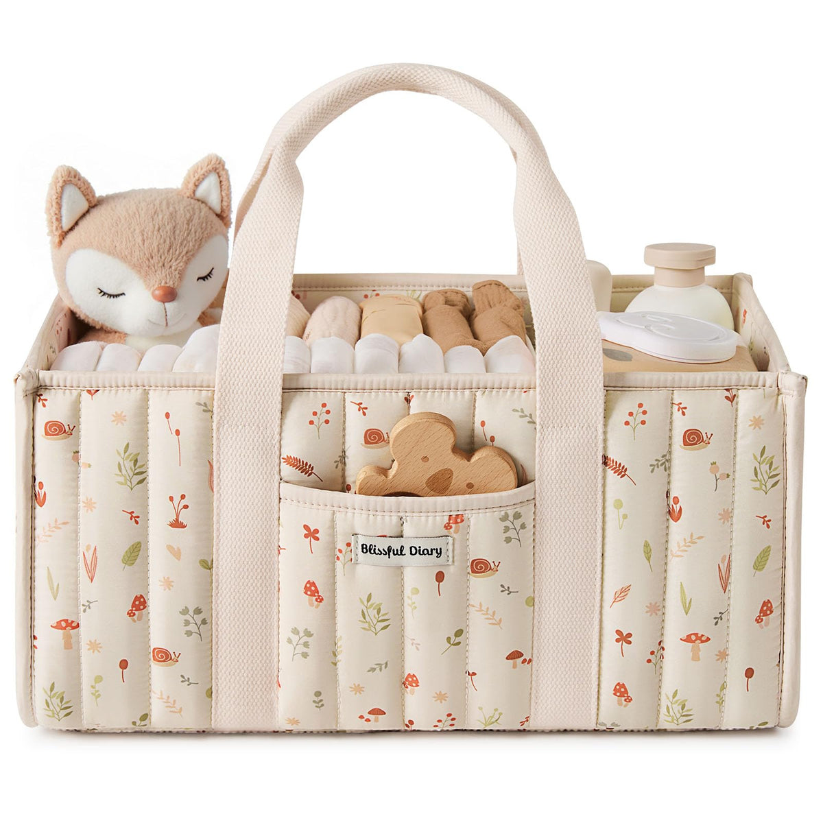 Blissful Diary Woodland Diaper Caddy front view for organized nursery storage